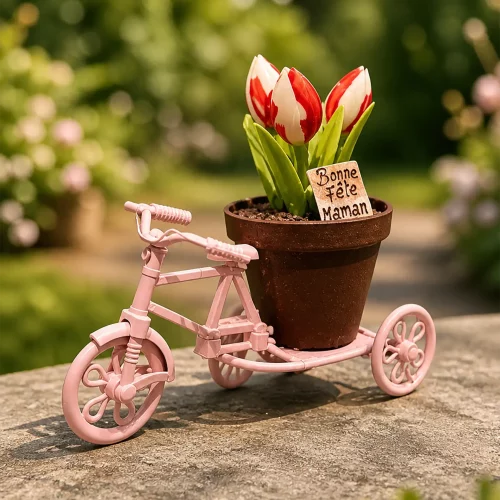 Pot de Tulipes en chocolat sur un vélo Fêtes des Mères Maison BUET